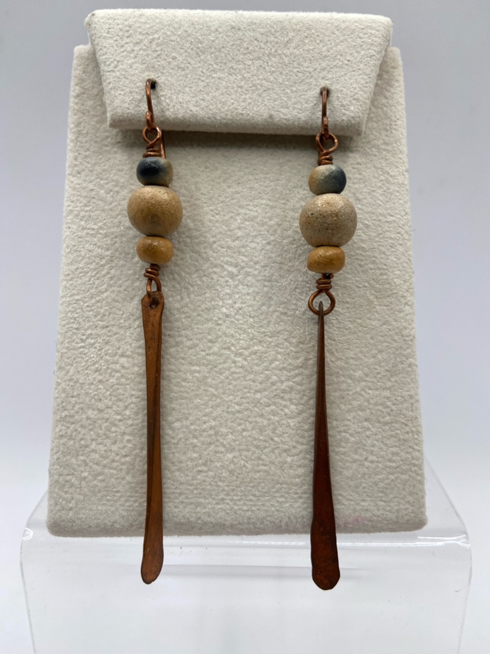 Handmade Copper & Wood Bead Drop Bohemian Dangle Earrings French Wire 3 1/2”L